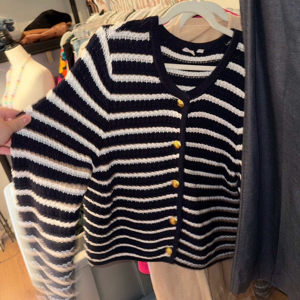 GAP | Navy and Cream Striped Cardigan with Gold Buttons - Picture 3 of 5